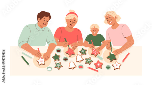 Festive Family Craft Time: A family joyfully crafts festive cookies together at a table, decorating them with colorful icing and sprinkles, spreading warmth, love, and the joy of togetherness.