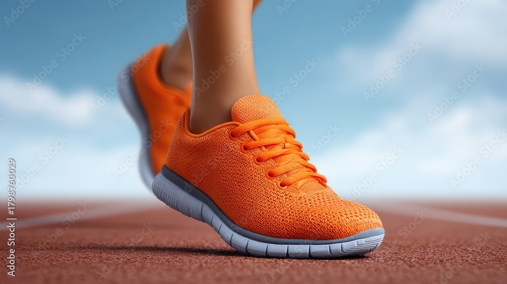 Naklejka premium Vibrant Orange Athletic Shoe on Track Surface, Showcasing Comfort and Style for Running, Fitness, and Outdoor Activities with Bright Blue Sky Background