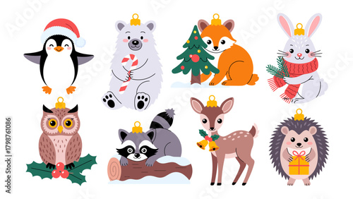 Christmas Animal Ornament Collection: A delightful assortment of festive animals, each adorned with seasonal decorations. This charming illustration is perfect for spreading holiday cheer.