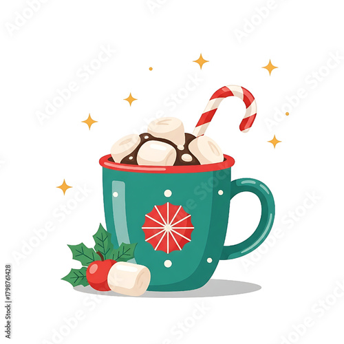 Hot chocolate with marshmallows and candy cane holiday season