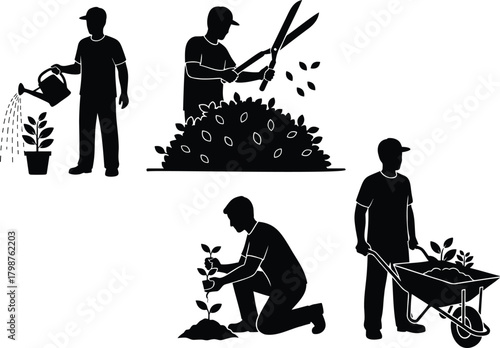 Gardener silhouettes watering plants pruning bushes planting and pushing wheelbarrow