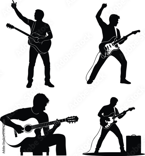 Rock guitarist silhouettes playing electric and acoustic guitar in concert poses