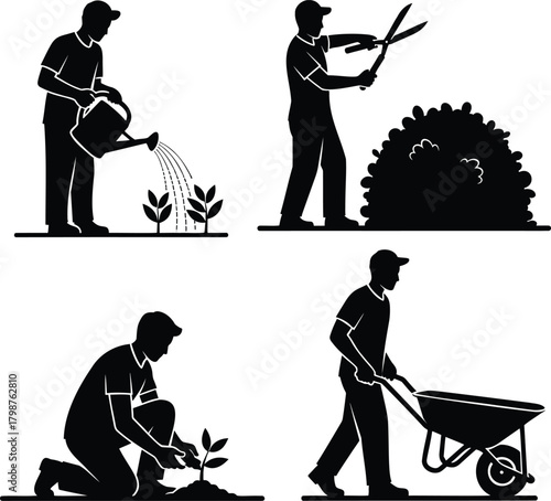 Gardener silhouettes watering plants pruning bushes planting and using wheelbarrow