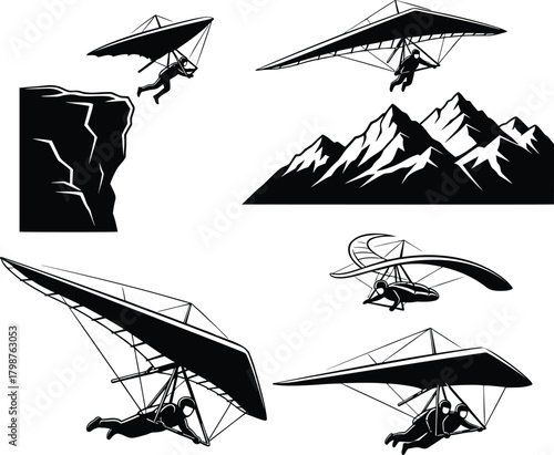Hang gliding silhouettes and mountain landscape flying extreme sport vector set