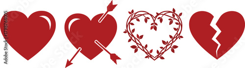 Red love heart icons collection with cupid arrows, floral heart, and broken heart