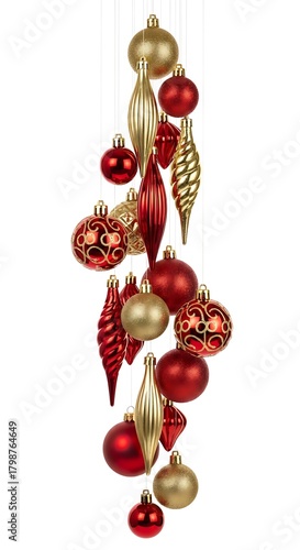 Red and gold Christmas ornaments suspended by invisible strings, arranged in dynamic composition, pure white background 