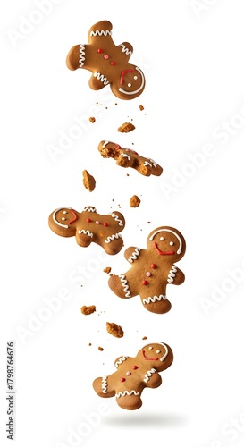 Gingerbread cookies floating in the air as if in zero gravity, with crumbs frozen mid-fall on white background