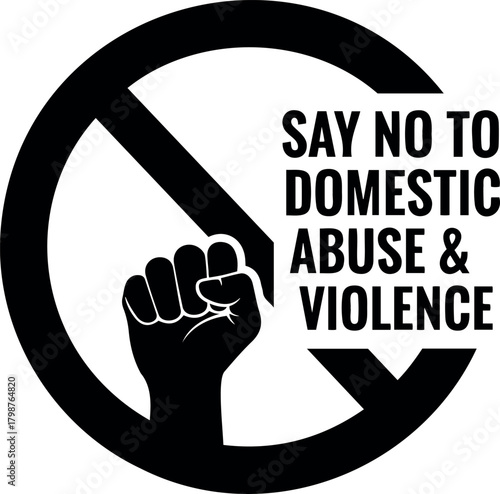 Vector black anti symbol with fist and text saying no to domestic abuse and violence in support theme