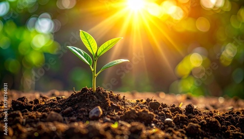 Young green plant growing in soil with morning sunlight and a natural bokeh background.