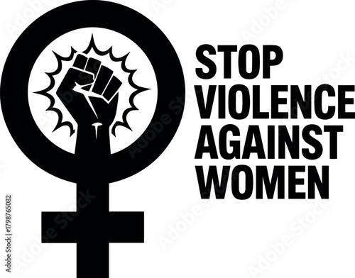 Vector black feminist symbol with raised fist and stop violence against women text on a transparent background