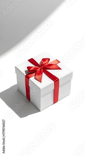 Minimal Christmas gift box with ribbon on a clean white background, soft shadows, space for text, premium product mockup 