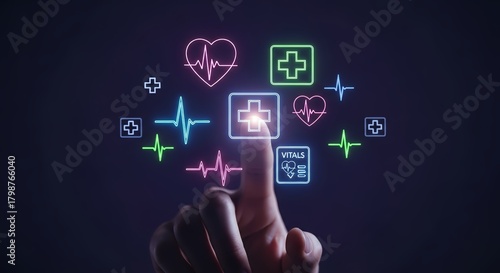 Touchscreen health vital checkup with glowing neon icons for innovative medicine