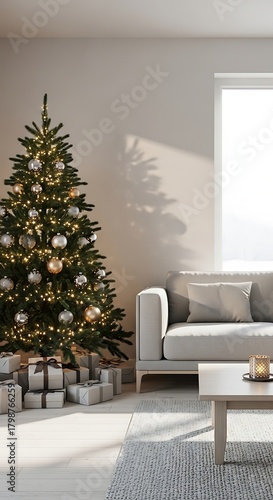 Minimal living room with elegant Christmas tree, wrapped gifts, neutral tones, sunlight through window, clean and modern setup 