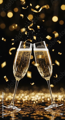 Two champagne glasses clinking with golden confetti falling, black and gold background, luxury celebration aesthetic