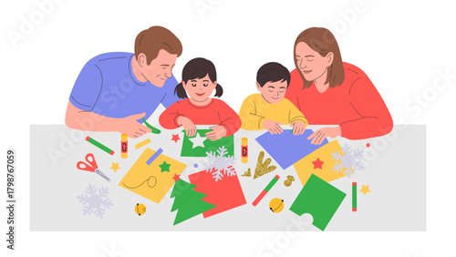 Creative Family Craft Time: A family of four enjoys a creative crafting session, each member deeply immersed in the joy of artistic expression with colorful paper and craft supplies.