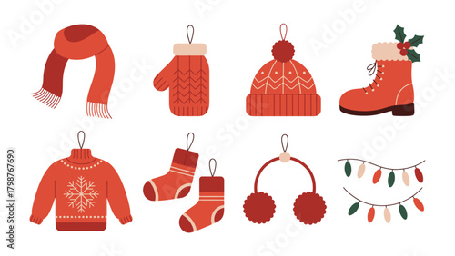 Festive Collection: A cheerful assortment of holiday elements, from a cozy scarf, mittens, hat, and boots to a warm sweater, socks, earmuffs, and twinkling string lights.