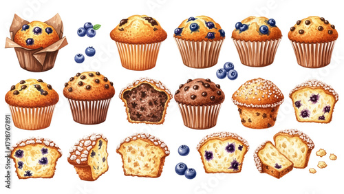 A delicious assortment of illustrated muffins, featuring blueberry, chocolate chip, and plain varieties, some sliced open.