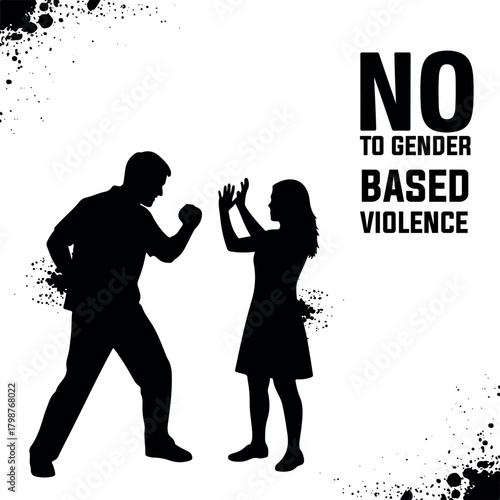 Vector silhouette of a man raising his fist towards a woman with text no to gender based violence shown