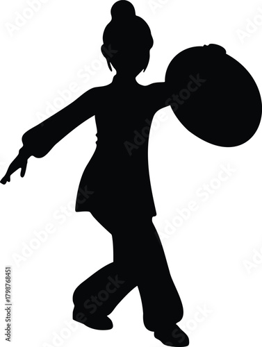 Dynamic Martial Arts Silhouette with Circular Shield or Disc