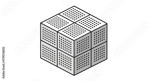 Isometric cube design with geometric dot patterns, ideal for modern technology, data analysis concepts, or innovative branding visuals with scalable vector origins