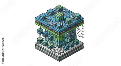 Blockchain technology illustration with circuit board connections for cryptocurrency platform design and decentralized system solutions, originally a scalable vector graphic