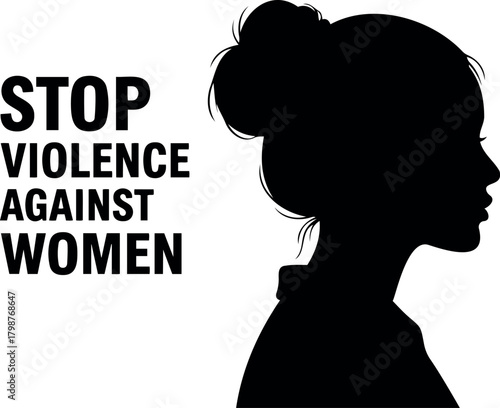 Vector silhouette profile of a woman with a bun and the text stop violence against women in bold letters