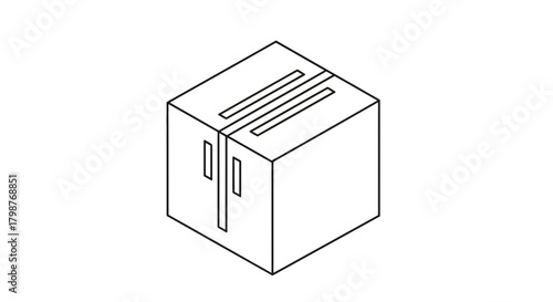 Isometric outline illustration of a closed cardboard box, conveying shipping, storage, and logistics solutions in a modern, minimalist style