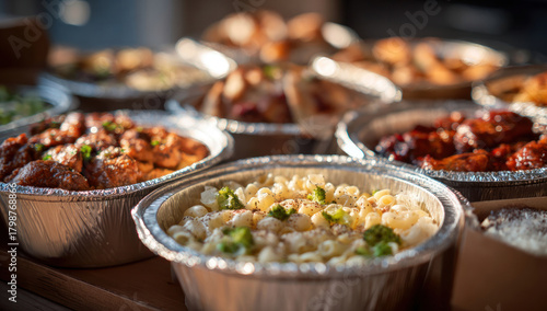 Wallpaper Mural Various prepared dishes sit in foil containers on a wooden surface, showcasing a variety of takeout options and culinary delights in a convenient and appealing way. Torontodigital.ca