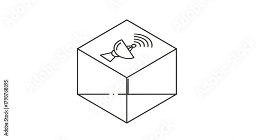 Sleek geometric cube with satellite icon for modern communication, network solutions, or technology branding, perfect for innovative designs and futuristic concepts
