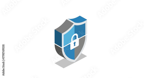 Modern blue shield with padlock icon represents security and protection, perfect for cybersecurity technology and data safety concepts with a sleek, isometric design