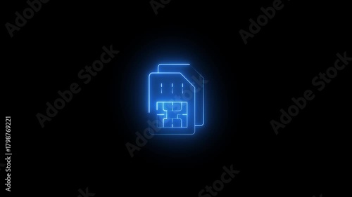 Glowing neon line Sim card icon isolated on black background. Mobile cellular phone sim card chip. Mobile telecommunications technology symbol. 4K Video motion graphic