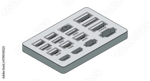 Connectivity hub featuring USB ports and HDMI ports for data transfer and display connections, designed for modern devices, created from scalable vector art