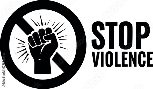 Vector stop violence symbol featuring a fist inside a prohibition sign with rays in a black and white design