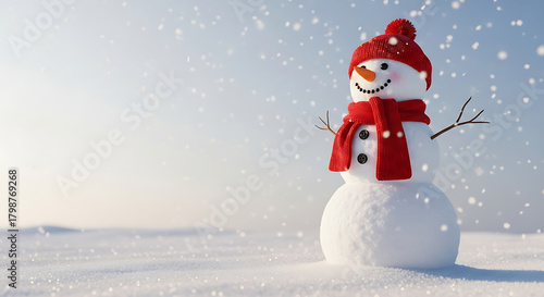 A cheerful snowman wearing a red hat and scarf stands in a vast snowy landscape with falling snow under a bright sky.