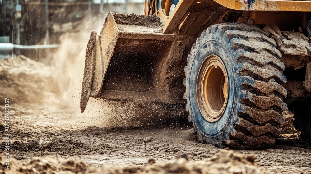 Obraz premium Construction vehicle operating on a dusty site, moving earth and gravel, creating a cloud of dust in the air, showcasing heavy machinery in action