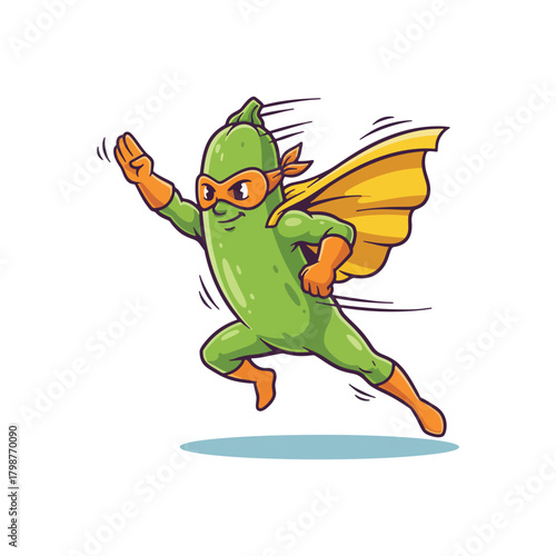 Cartoon Superhero Cucumber with Mask and Cape in Flight.