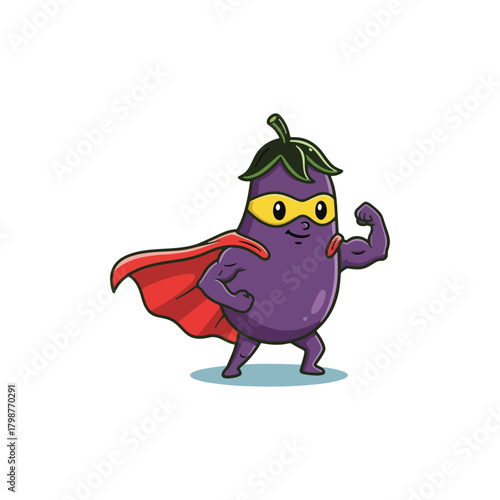 Cartoon Eggplant Superhero with Cape and Mask Flexing Muscle.
