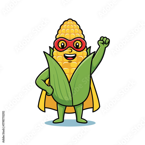 Cartoon Superhero Corn Character with Cape and Mask.