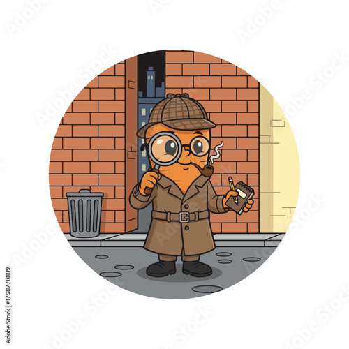 Cartoon Detective Character with Magnifying Glass and Pipe.