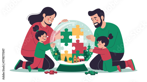 Family Building a Puzzle: A heart-warming illustration of a family building a puzzle together, fostering a sense of unity, love, and support. Symbolic of collaboration, problem-solving.