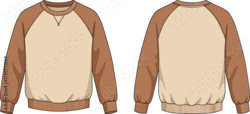Beige brown raglan sweatshirt front and back flat illustration, unisex casual crewneck pullover design mockup, warm winter clothing fashion template vector art