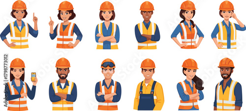 Cartoon construction workers in safety vests, diverse engineer characters posing confidently, professional building team illustration, industrial workforce 