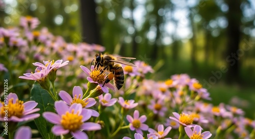 A bee collecting nectar from a cluster of small pink flowers in a garden setting.