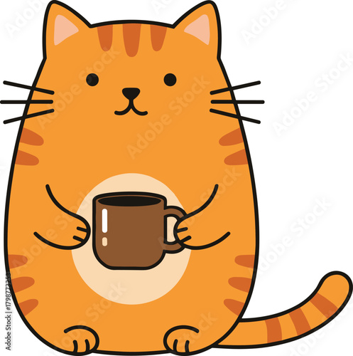 Cute Cartoon Vector Illustration of a Round, Chubby Orange Tabby Cat Character Happily Holding a Warm Brown Mug of Coffee, Tea, or Hot Chocolate