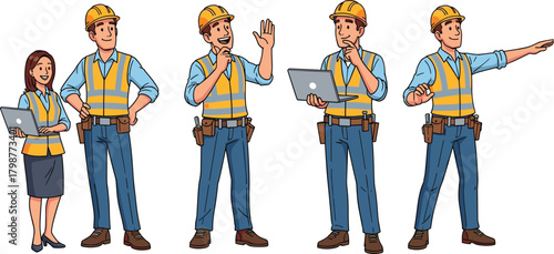 Cartoon construction workers with laptops and tools, engineering team illustration, safety vest characters collaborating on site, professional building crew communication and planning scene