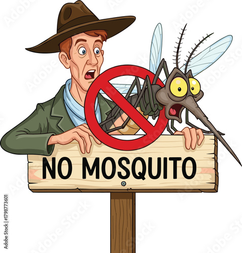 Cartoon scared man holding no mosquito warning sign with giant mosquito, pest control awareness illustration, insect protection symbol for disease prevention campaign