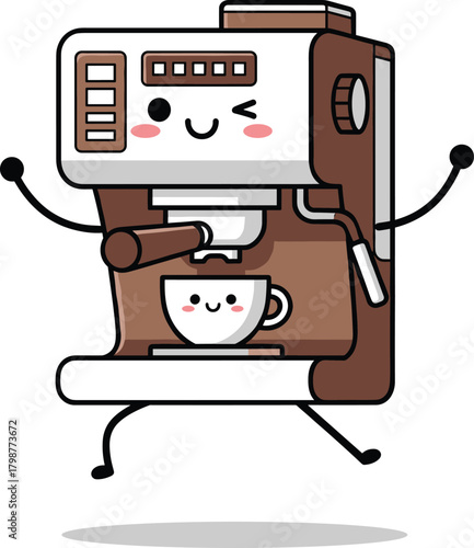 Cute Kawaii Espresso Coffee Machine Mascot Character Jumping for Joy, Featuring a Winking Face and Serving a Tiny Happy Coffee Cup Graphic
