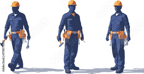 Construction workers holding tools, professional builders in uniform illustration, industrial labor crew standing confidently, engineering workforce concept 