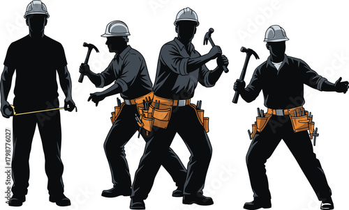 Construction workers in action holding hammers, tape measure, tools and equipment, wearing safety helmets and tool belts, professional labor illustration for building, repair and industrial work