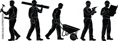 Construction workers silhouette set showing various labor tasks, tools, equipment, teamwork, engineering roles, building activity, industrial workforce concept, professional tradesmen 